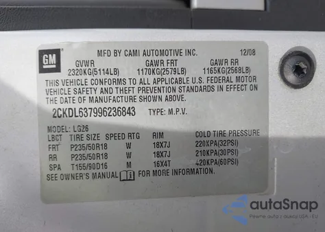 2009 Pontiac Torrent Gxp from USA, damaged, VIN 2CKDL637996236843